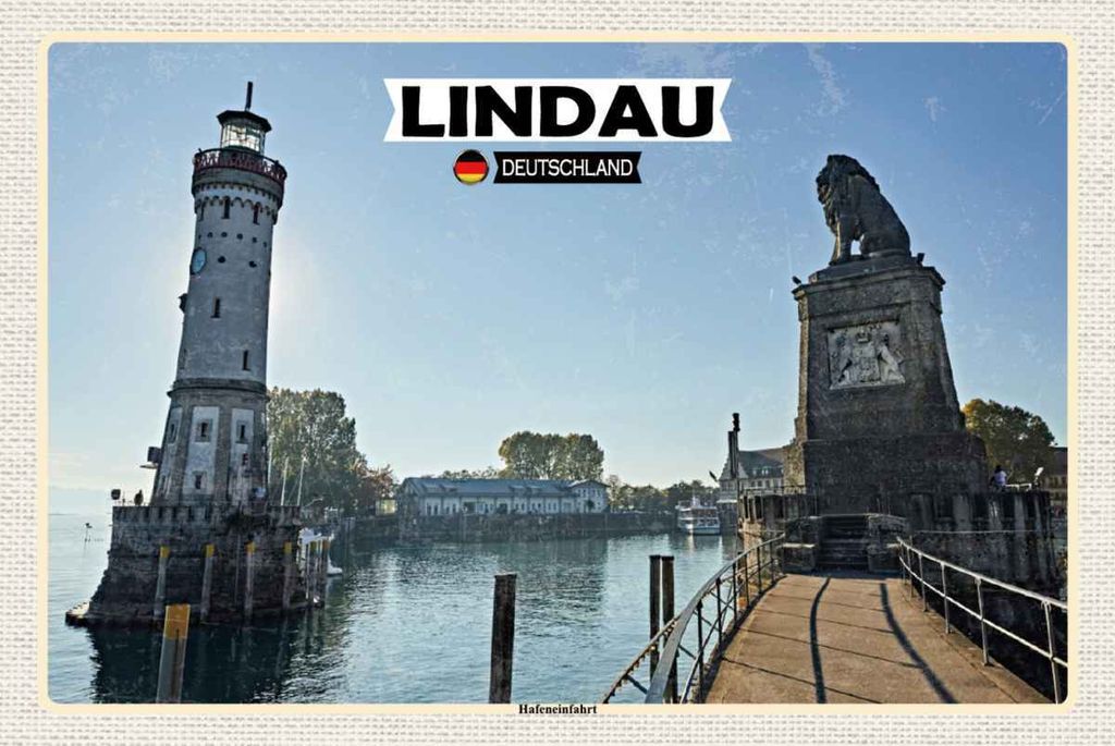 vianmo Holzschild 20x30 cm Lindau Hafeneinfahrt Fluss Gebädue Bildmotiv Reisemotiv Abenteuer Reisen