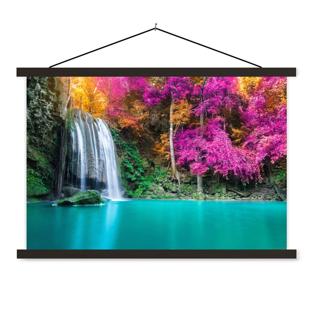 MuchoWow Textilposter Wasserfall - Bäume - Rosa - Braun - Natur 90x60 cm mit schwarzem Rahmen - Aufhängungssatz