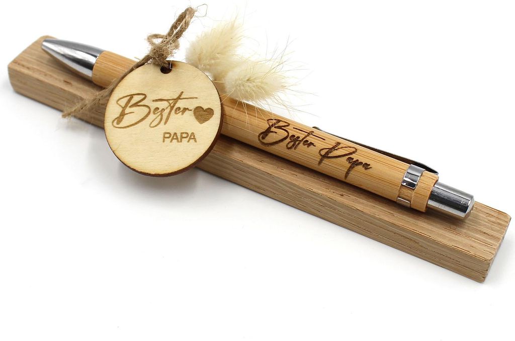 Edler Holzkugelschreiber aus Bambus – Persönliches Geschenk mit Lasergravur, Geschenkfertig verpackt LS03-02 Bester Papa - mit Deko