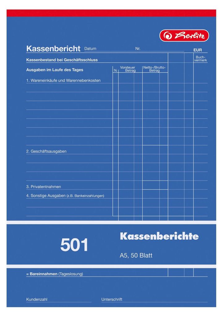 Herlitz Kassenberichtsblock 501 / A5 / 50 Blatt Produktbild 