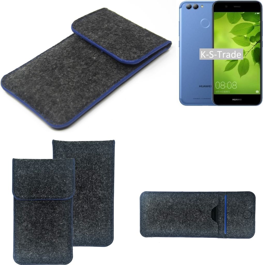 K-S-Trade Handy-Hülle Schutz-Hülle kompatibel mit Huawei Nova 2 Filztasche Pouch Tasche Case Sleeve Filzhülle dunkelgrau, blauer Rand