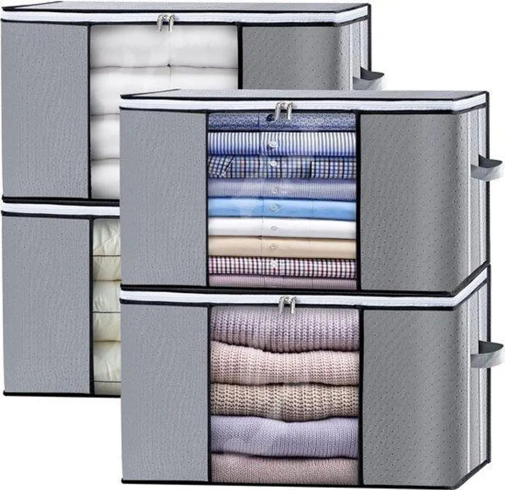 Rangement linge de lit et couvertures lot de 4 boîtes souples grises zip