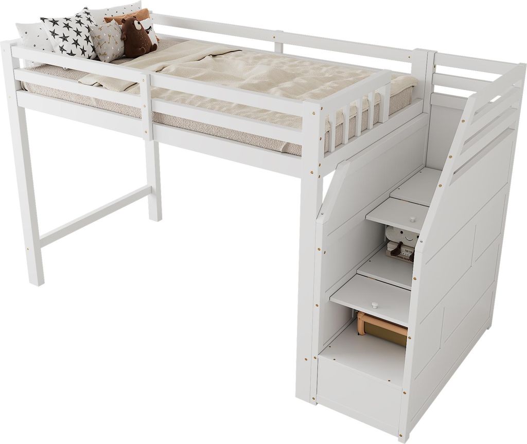 Hochbett mit Lattenrost, Treppe und Aufbewahrung, 90x200 Produktbild 
