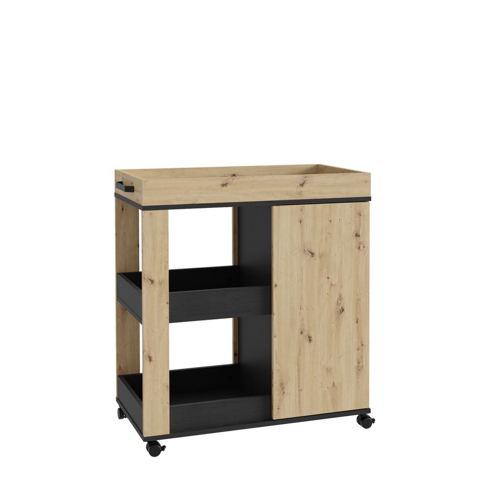 Servierwagen >Home Bar< auf Rollen, in Artisan Eiche Dekor / Schwarz - 77,4x88,2x42cm (BxHxT)