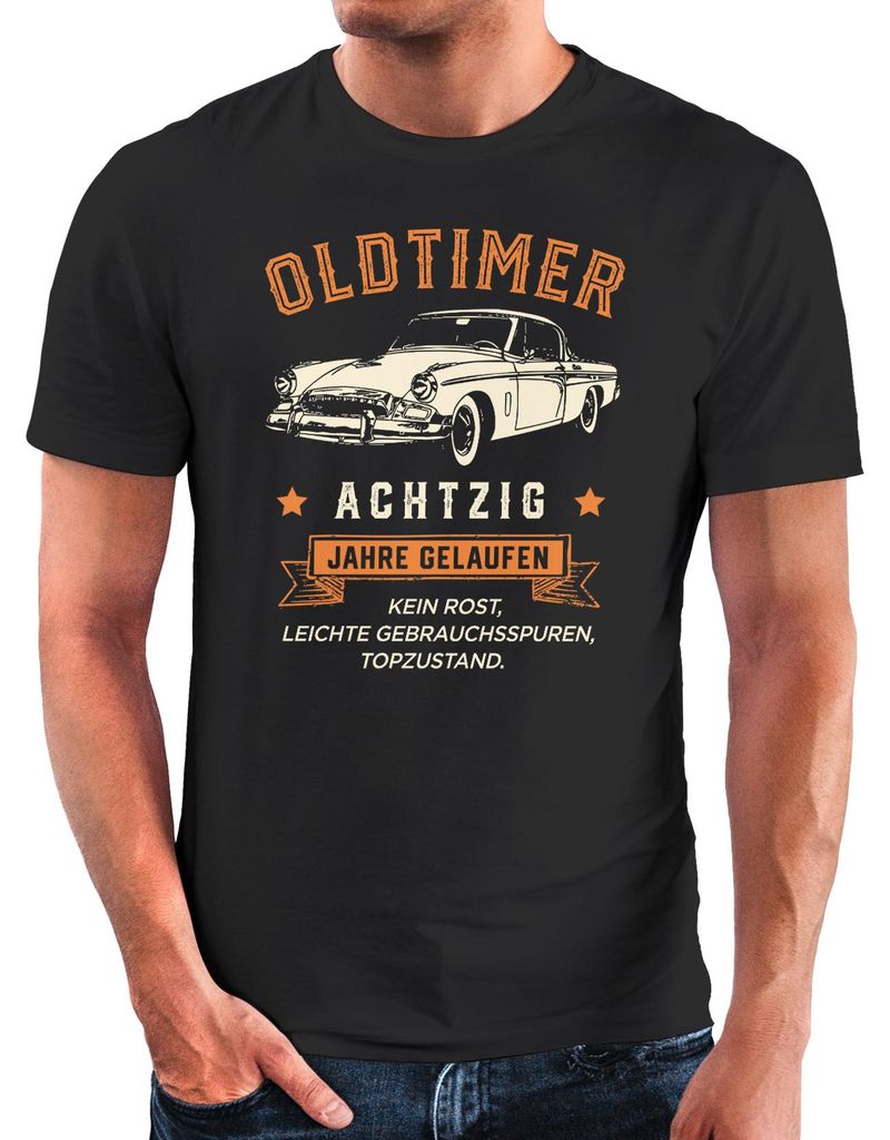 Herren T-Shirt Geburtstag Oldtimer Retro Design Print Vintage Auto Geschenk für Männer MoonWorks 80 Jahre schwarz S