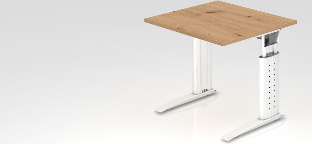 Schreibtisch Mauri | Asteiche | Weißes Gestell | BxT 80x80cm | Arbeitshöhe 68-86cm | höhenjustierbar, 2cm Raster | C-Fuß-Gestell | Rechteckform