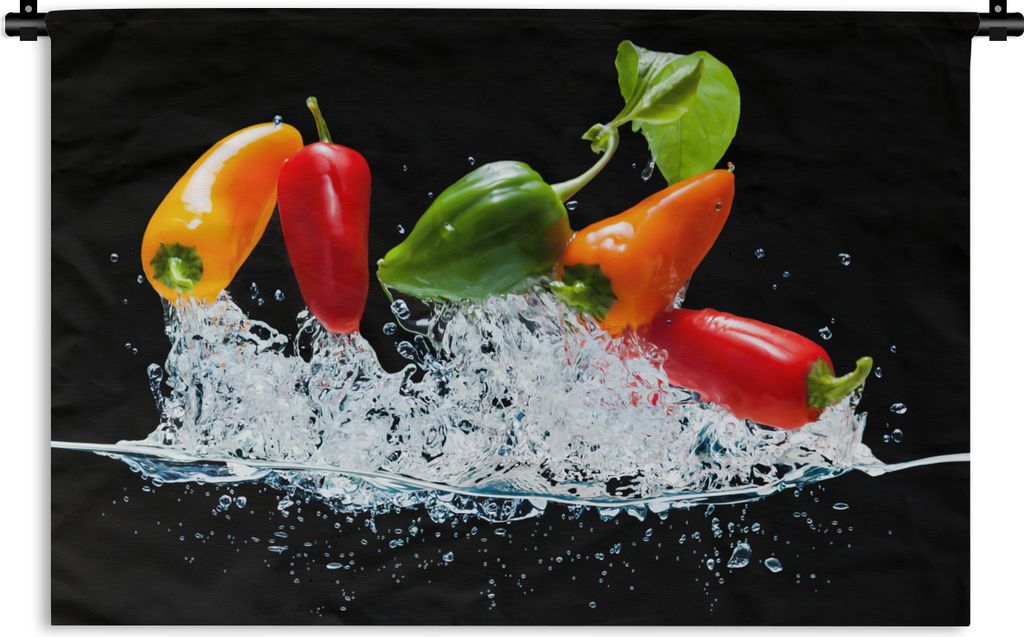 MuchoWow Wandteppich Wandbehang Paprika - Schwarz - Gemüse - Wasser - Blatt 90x60 cm Tapisserie Dekoration Wandtuch - Wandskulpturen - Bildteppich