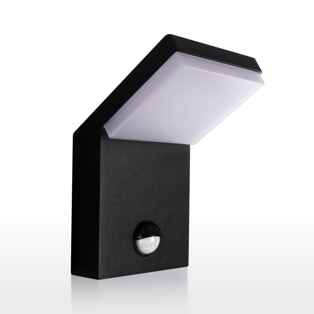 A black outdoor LED wall light with a motion sensor, shown against a white background.