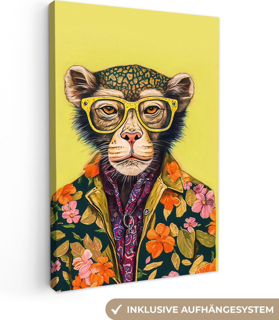 OneMillionCanvasses - Leinwandbilder - 90x140 cm, Affe - Tiere - Brillen - Design - Blumen, Wandbilder Kunstdruck Wanddekoration - Foto auf Leinw...