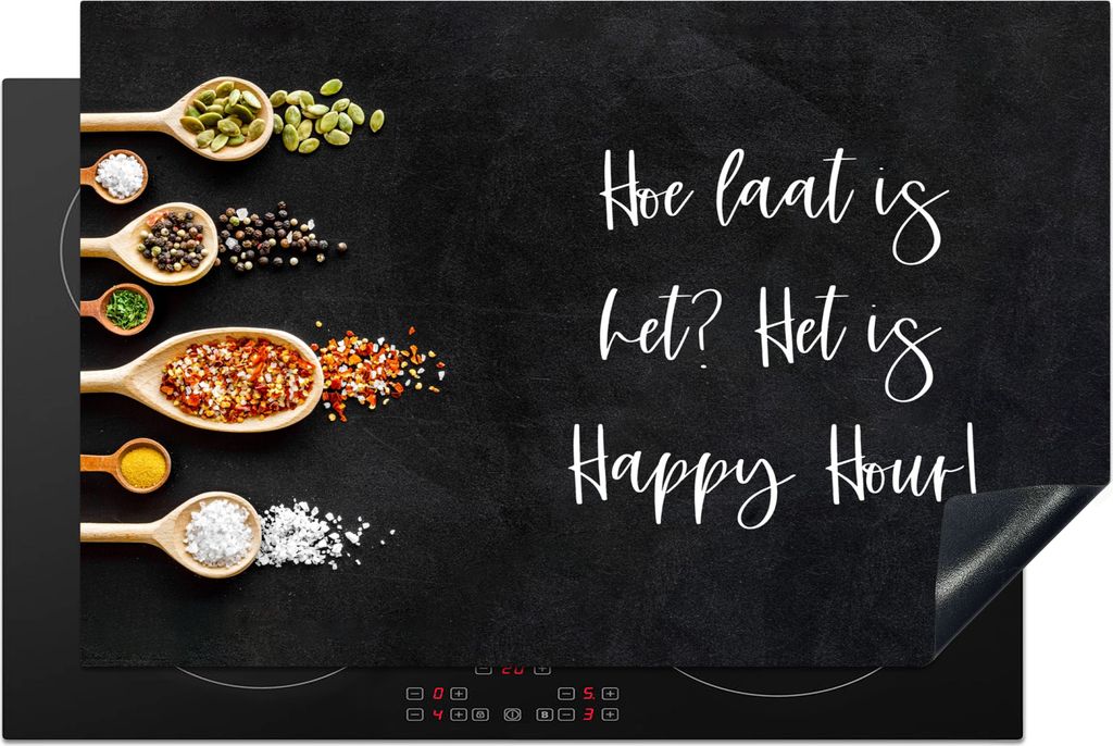 KitchenYeah Herdabdeckplatte Wie spät ist es? Es ist Happy Hour! - Küche - Sprichwörter - Zitate - Kräuter , 81x52cm, Küche Deko, Glaskerami...