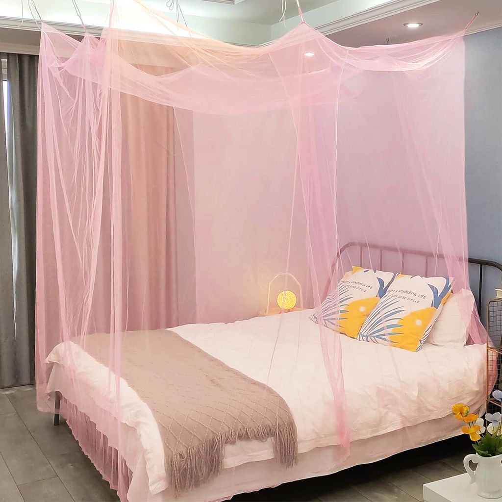 Moskitonetz für Doppelbett Einzelbett 210x190x240cm Universal Rechteckig Feinmaschiges Mückennetz mit 4 Aufhängehaken, Rosa