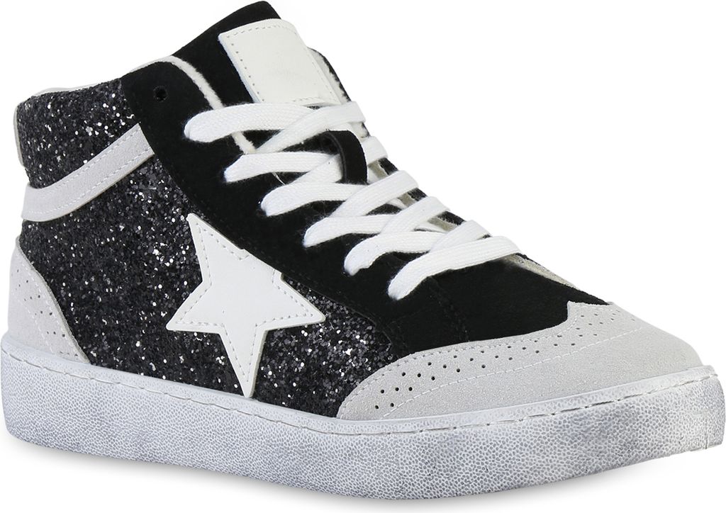 VAN HILL Damen Sneaker High Schnürer Glitzer Freizeit Schnür-Schuhe 841577, Farbe: Schwarz, Größe: 37