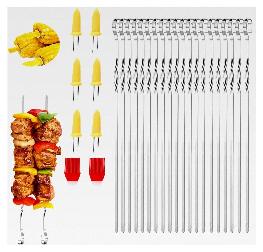Edelstahl Grillspieße, 20 Stück, 30 cm Schaschlikspieße, wiederverwendbare Grill-Kabobs, inklusive Silikonölbürste und Maiskolbenhalter-Set