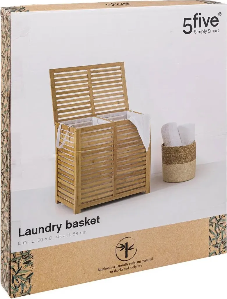 Corbeille à linge double compartiment en bois de bambou Sicela 50L