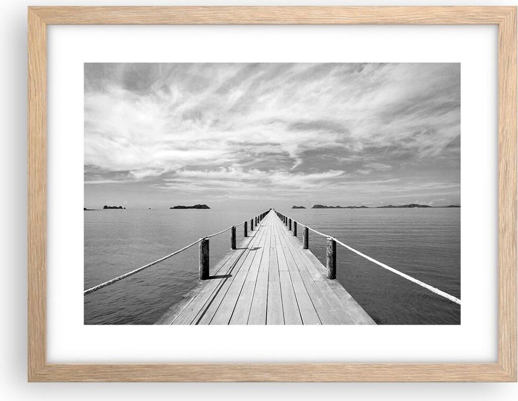 Gerahmtes Poster - Rahmen in heller Eiche - Holz Brücke Meer - 40x30 cm - Wand Bild - Wanddeko - Wandbilder - Kunstposter - Wandposter - Bilderrah...