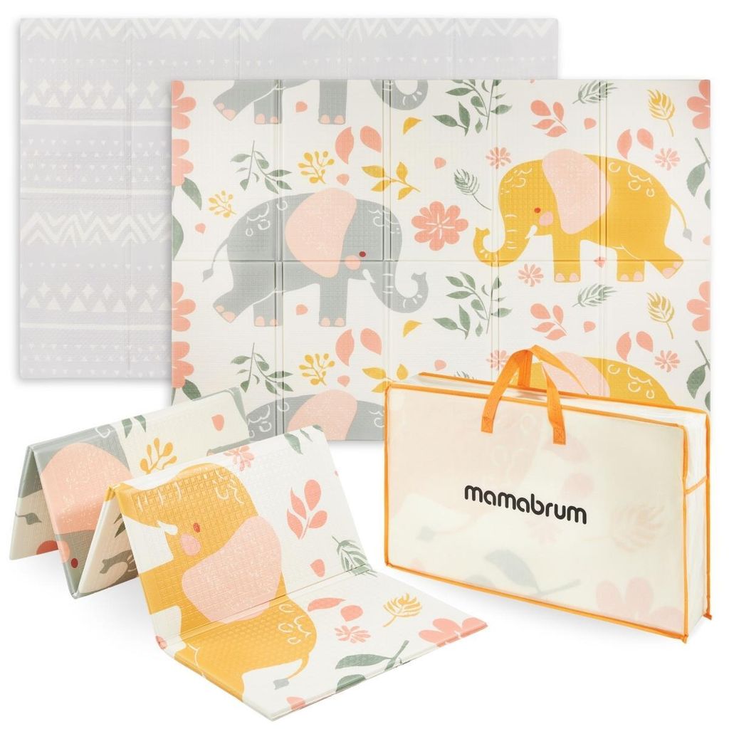 A collection of folded and unfolded play mats with elephant and floral patterns, along with a carrying bag.
