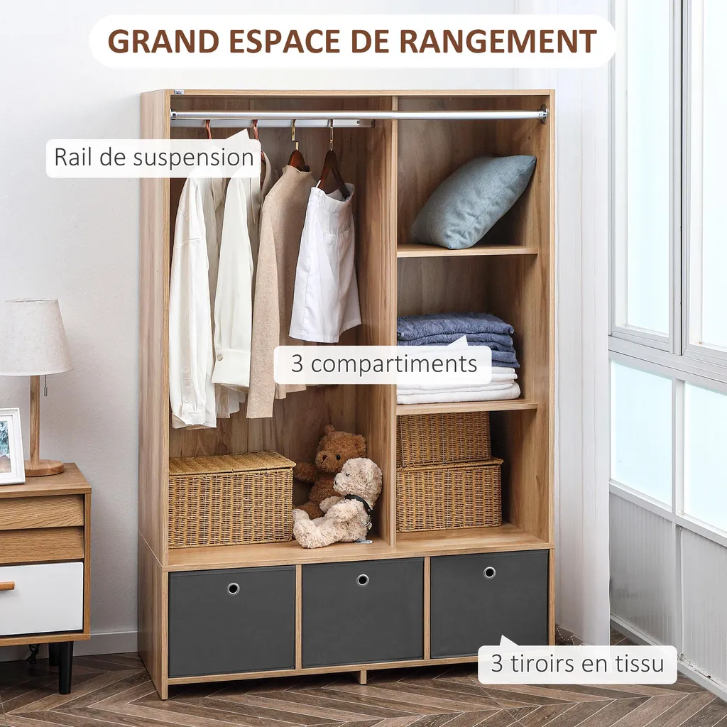 Dressing armoire de rangement en tissu et bois naturel avec tiroirs