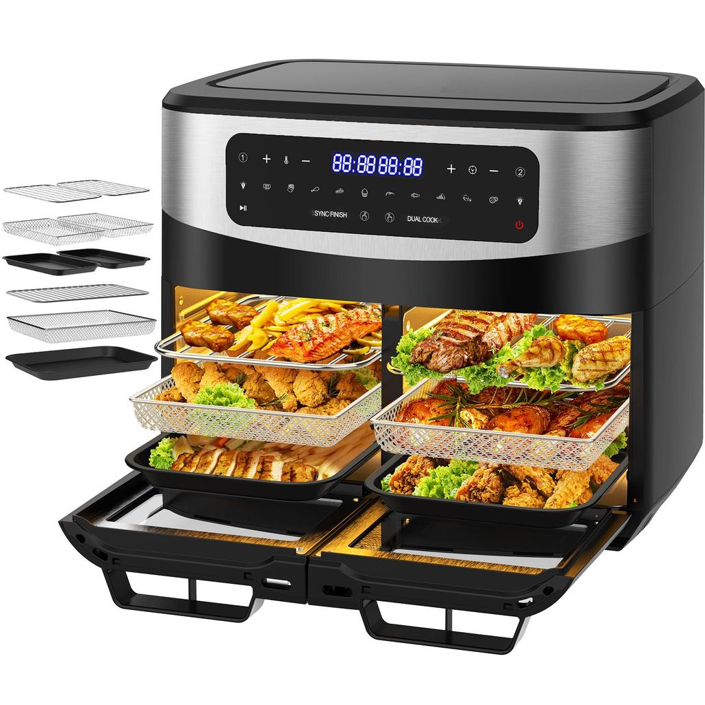 A dual-chamber air fryer with food inside, and accessories shown to the side.