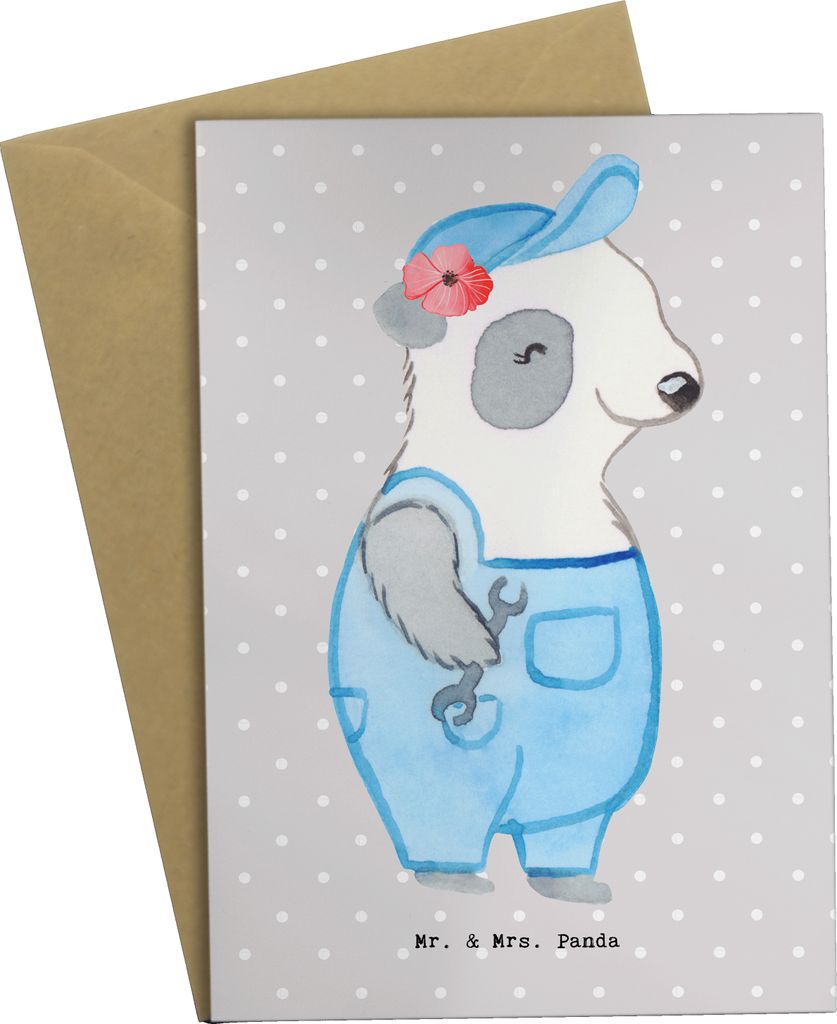 Mr. & Mrs. Panda Grußkarte Handwerkerin Herz - Grau Pastell - Geschenk, Handwerksbetrieb, osterkarte, Klappkarte, einladungskarten, weihnachtskart...