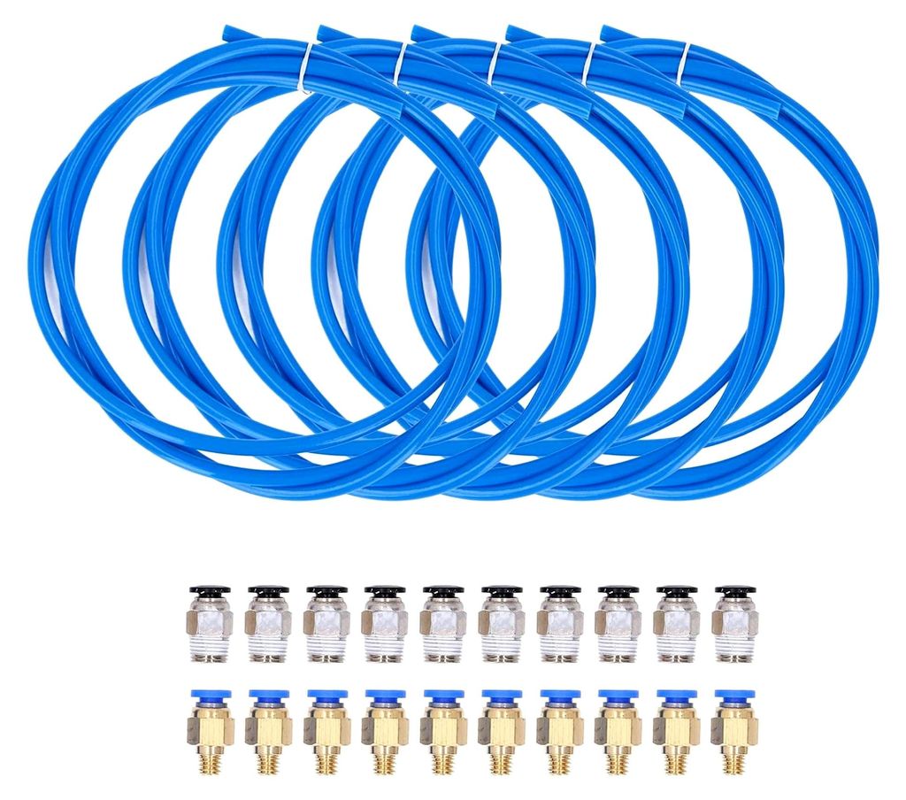 5 Stück PTFE Rohre und 20 pneumatische Fittings Kit für 3D-Drucker 1,75 mm Filament Blau Rohr Messing Stahl PC4M6 PC4M10 Zubehör