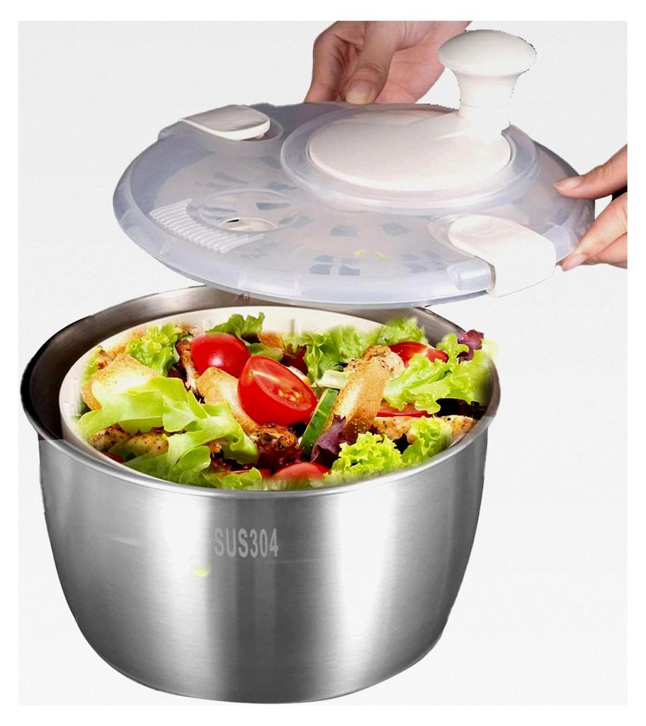 Große Salatschleuder, Gemüseschleuder, Salattrockner, mit drehbarem Griff, Unterlegscheibe, Edelstahl, Küchenhelfer