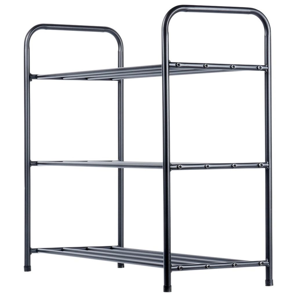 A black metal shoe rack with three shelves.