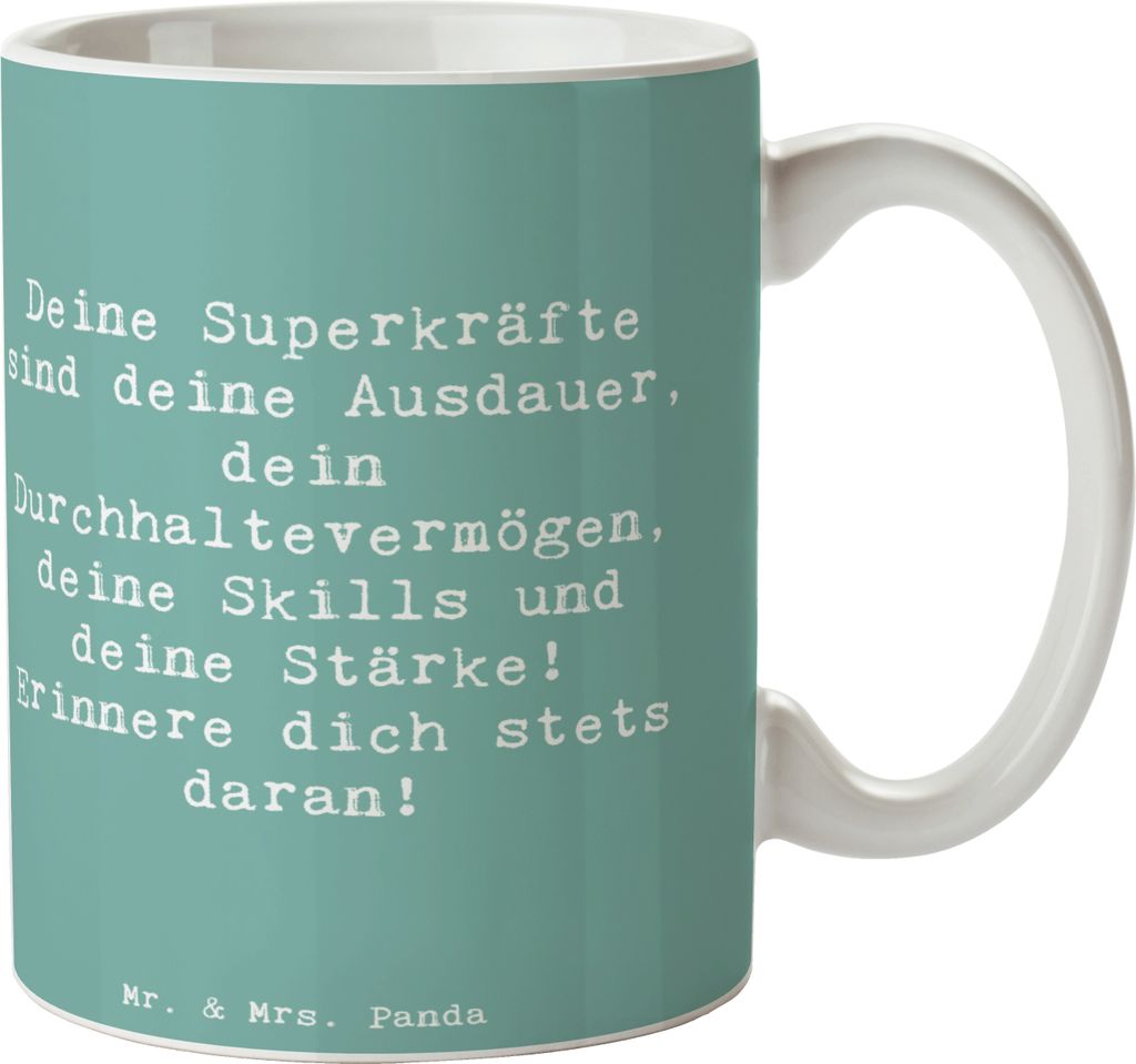 Mr. & Mrs. Panda Kaffeetasse Spruch Sportliche Wettkämpfe Superkräfte - Meeresbrise - Geschenk, Fans, Becher, Pott, Geschenktasse, Ermutigung, Ve...