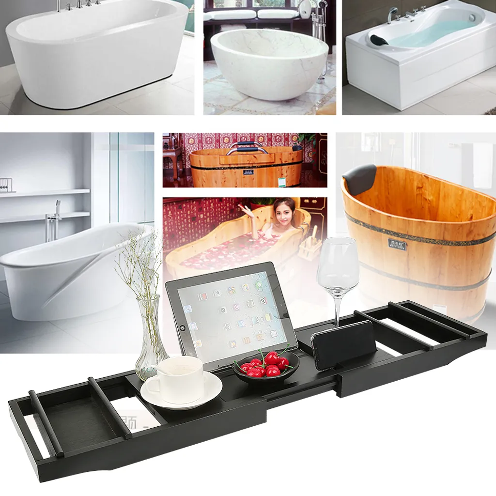 Tablette de bain en bambou noir avec support téléphone intégré