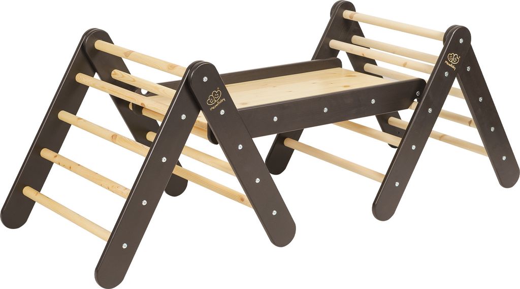 MEOWBABY Klettergerüst für Kinder - Indoor Set zwei Kletterdreiecke mit einer Rutsche/Kletterwand, Montessori Spielgeräte Pikler aus Holz, Schwarz