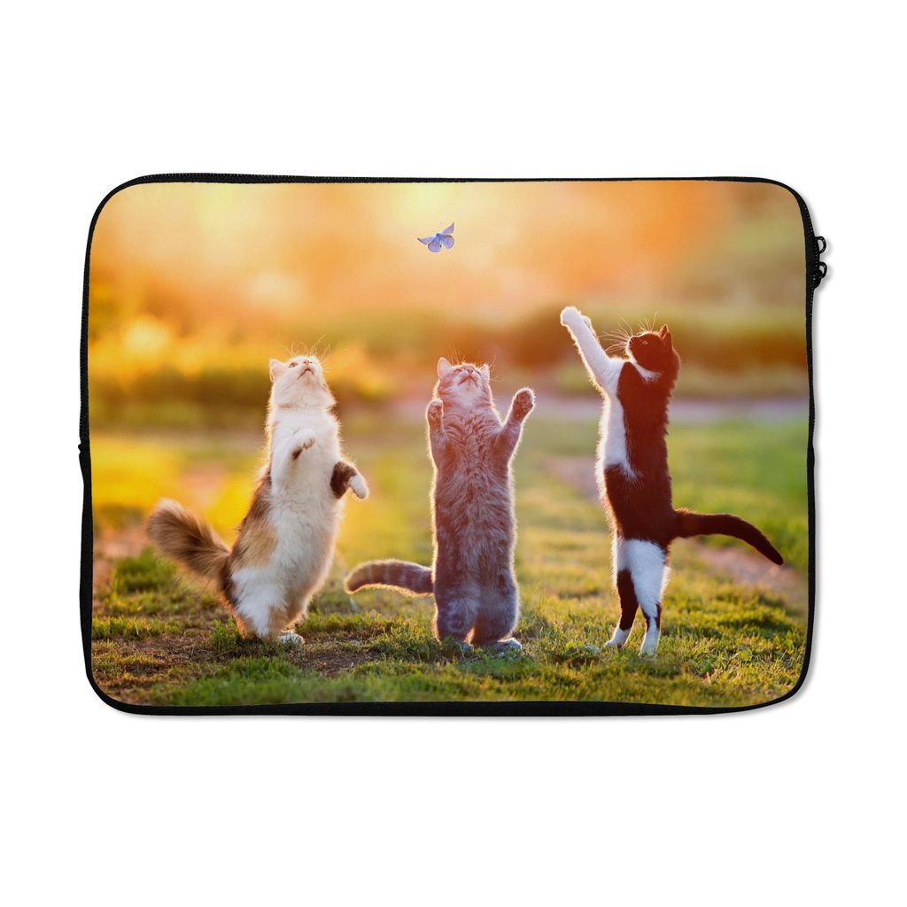MuchoWow Laptop Hülle 13 Zoll Katzen - Schmetterling - Sonnenuntergang - Gras - Natur Laptoptasche - Laptophülle - Sleeve - Rundumschutz