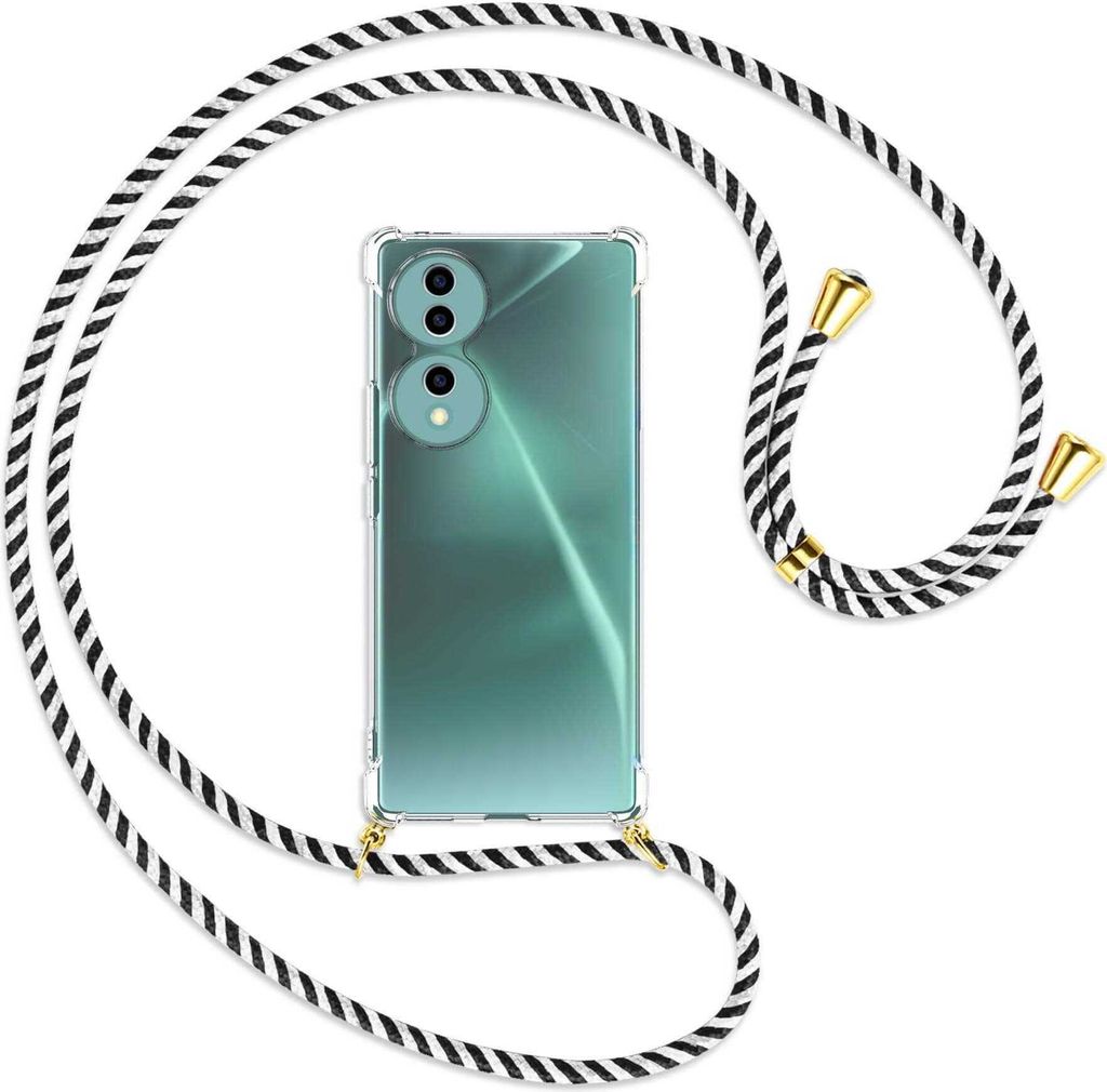 Handykette Backcover-Schutzhülle mit Band (Metall goldfarben) für Honor 70 5G (FNE-AN00, 6.67'') - schwarz/weiß gestreift