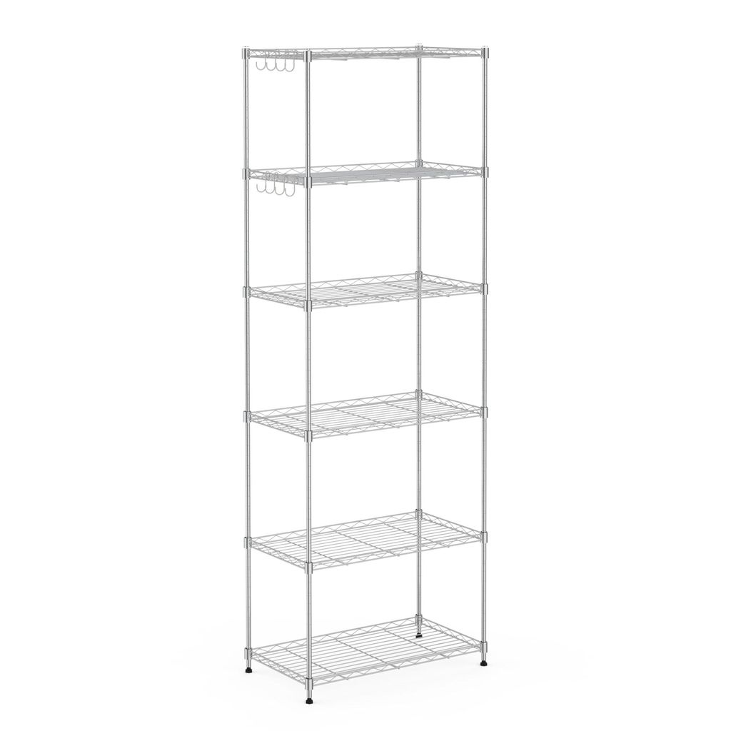 A tall, silver, five-shelf wire shelving unit is shown against a white background.