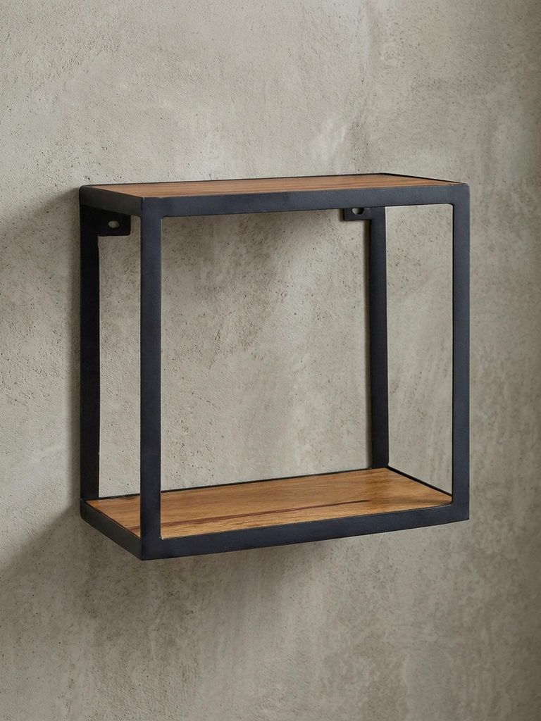 Wandregal PURI 35x18x35 cm Sheesham Massivholz, Bücherregal Hängend, Metallregal mit Echtholz Regalboden, Kleines Holzregal Quadratisch, Dekorega...