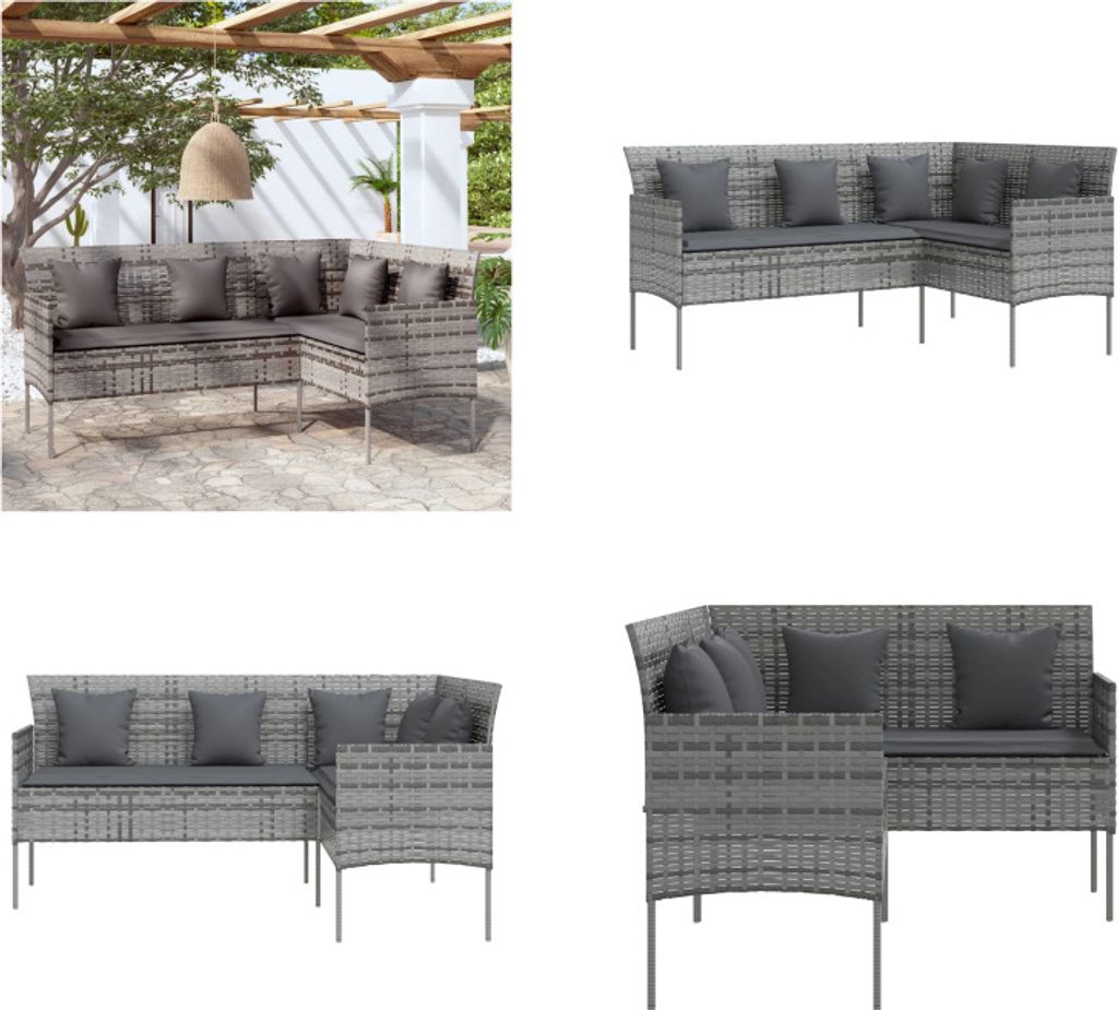 vidaXL Sofa in L Form mit Kissen Poly Rattan Grau - Gartensofa - Gartensofas - Sofa - Gartencouch