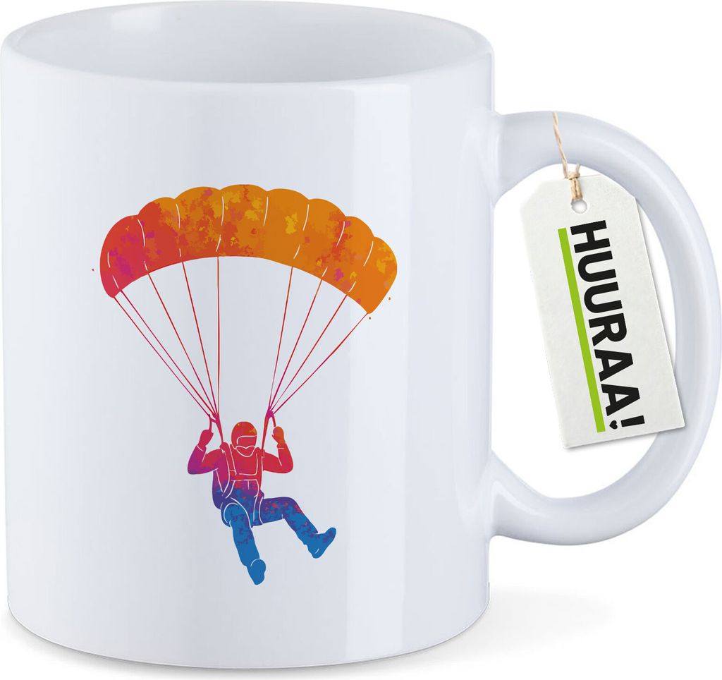 Huuraa Kaffeetasse Fallschirmspringen bunte Silhouette 330ml Weiß Keramik Kaffeebecher Geschenkidee