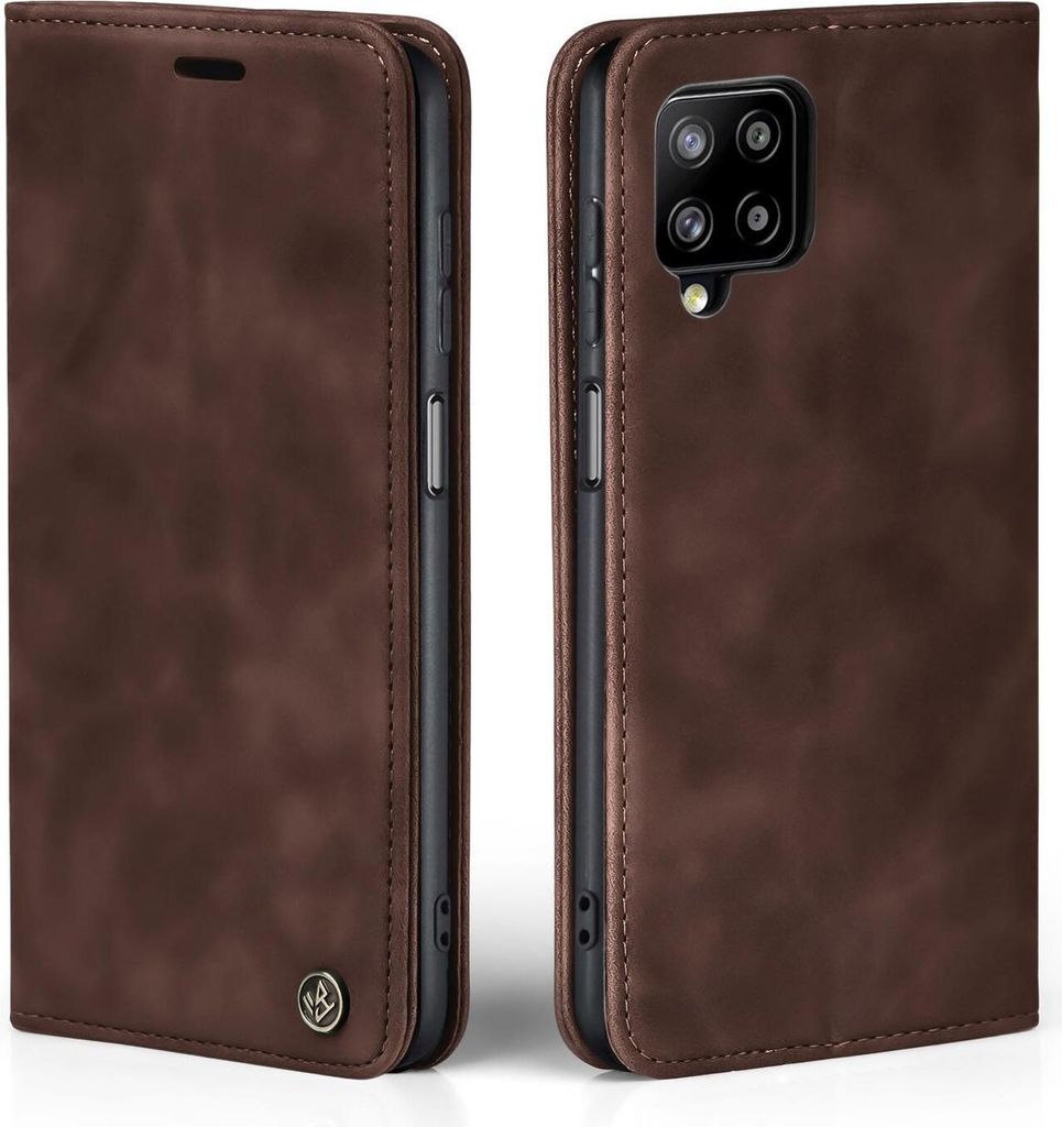 A brown flip cover phone case shown from the front and back.