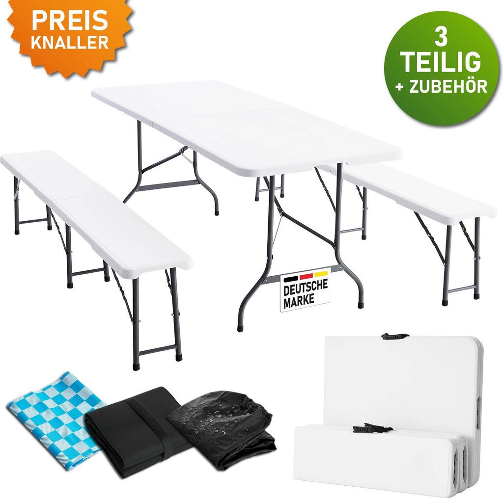 BRAST Bierzeltgarnitur Josef | 3er Set klappbar | 1x Tisch 180x74x74cm & 2X Sitzbank 184x28x42,5cm | für 10 Personen | Weiß | inkl. Gratis Zubeh...