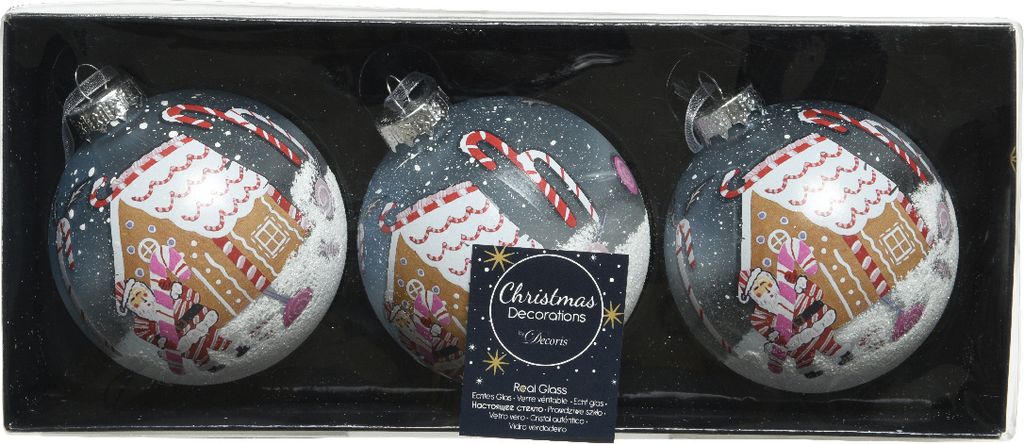 Weihnachtskugeln Glas 8cm mit Winterlandschaft Motiv 3er Set nachtblau
