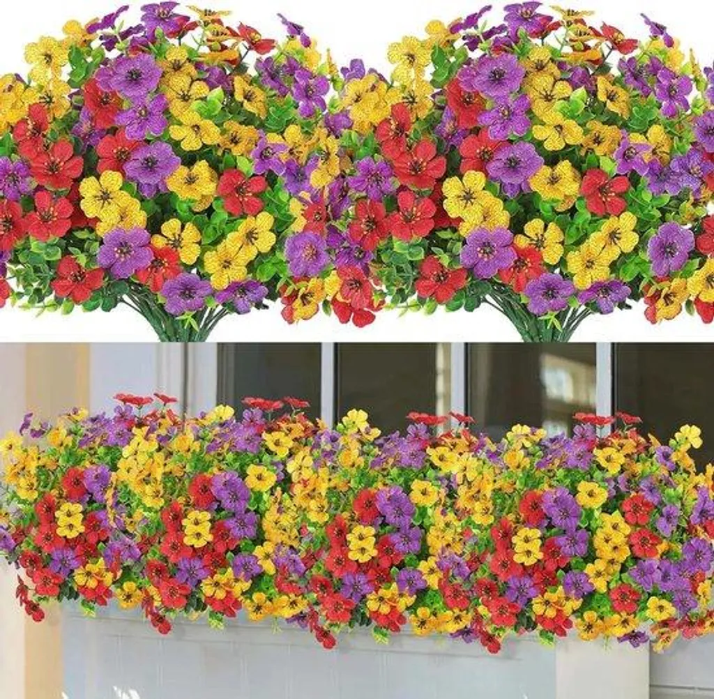 Fleurs artificielles pour balcon : lot de 9 plantes en soie anti-UV déco