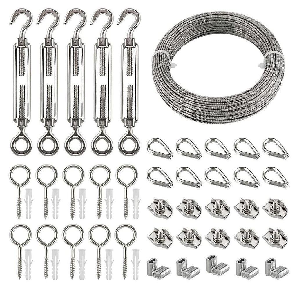 Edelstahl-Seilspannsystem – 35 m Stahl- und PVC-Seilset mit M5-Spannschloss, Ringschraube, Kabelverschraubung, Stahlseilklemme und Aluminiumseilk...