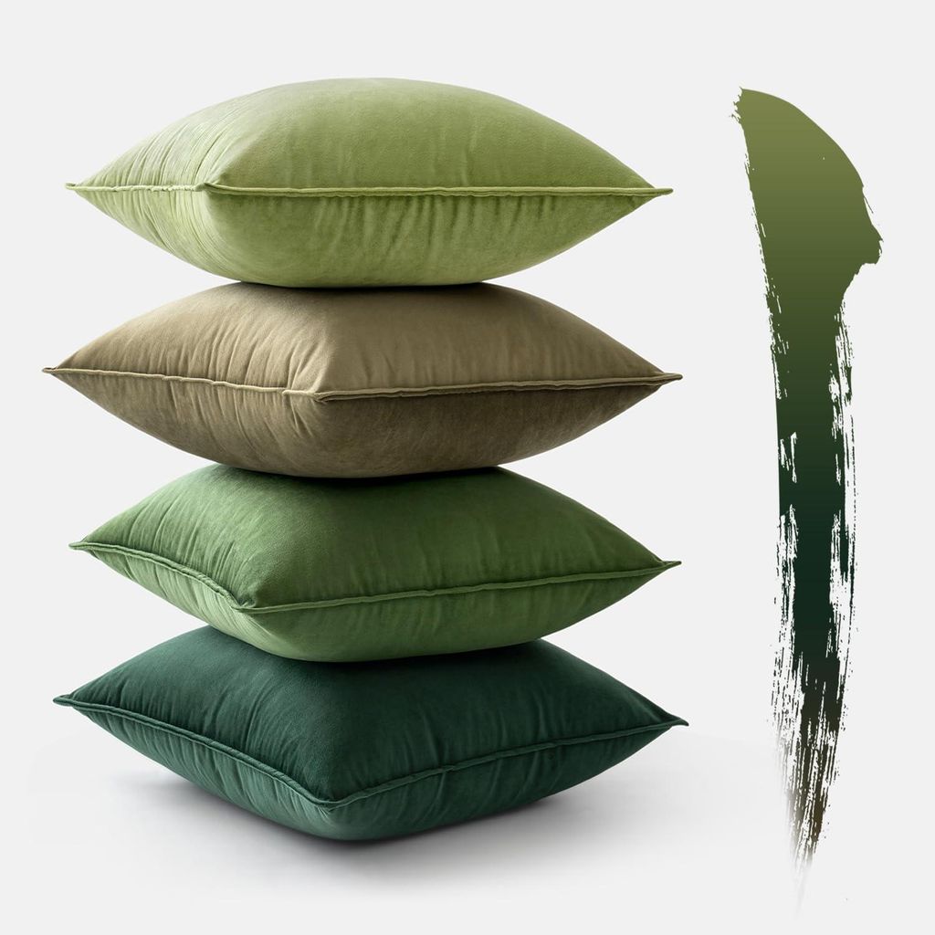 Set mit 4 Samtkissenbezügen, 45 x 45 cm, grün, dekorative Kissenbezüge, Sofakissen, dekorative Kissenbezüge mit eingefassten Kanten für Sofa, ...