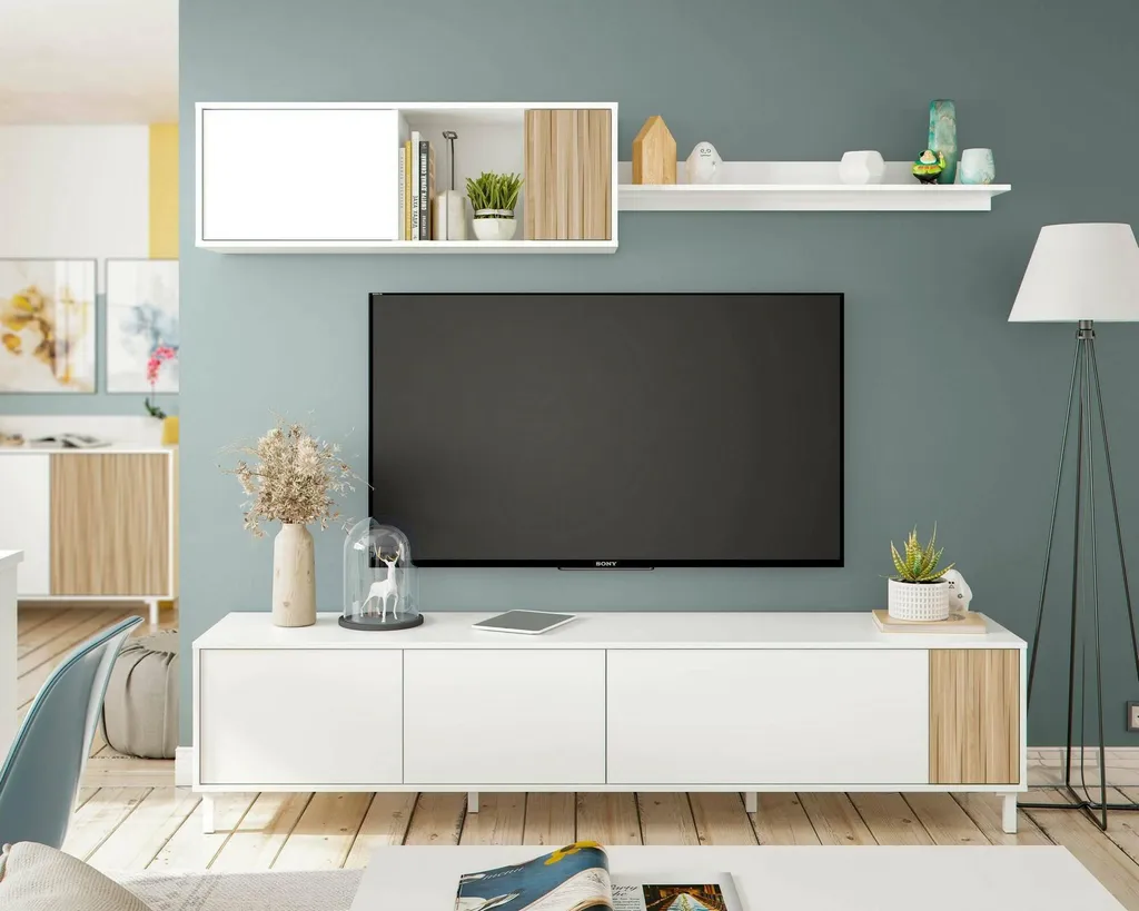 Grand Banc TV Blanc 200 cm Banari - Buffet Bas Salon 6 Compartiments