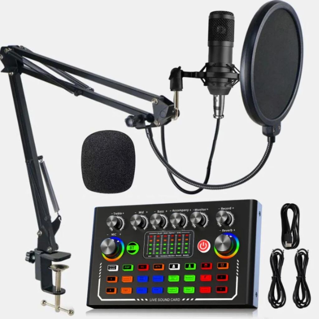 Streaming-Mikrofon-Set - Kondensator-Headset-Mikrofon + USB-Soundkarte - Kabelgebunden - Integrierter Akku - Für PC und Smartphone - Pro Studio - ...