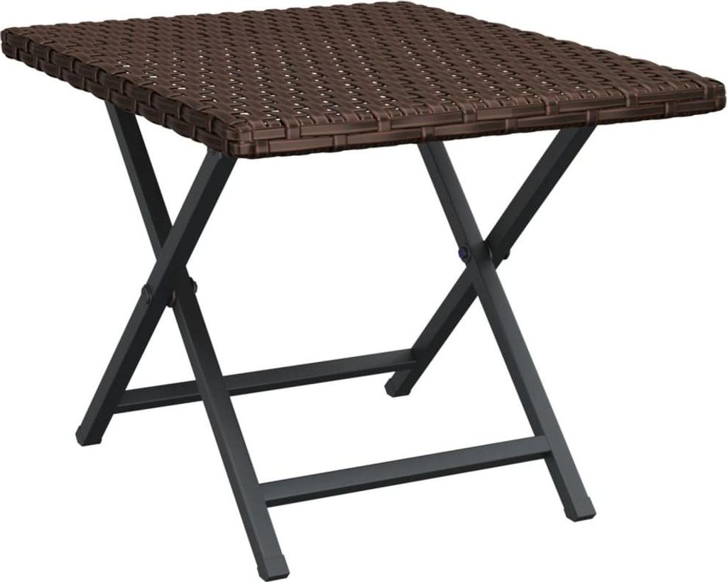 A brown poly rattan folding table with black metal legs on a white background.