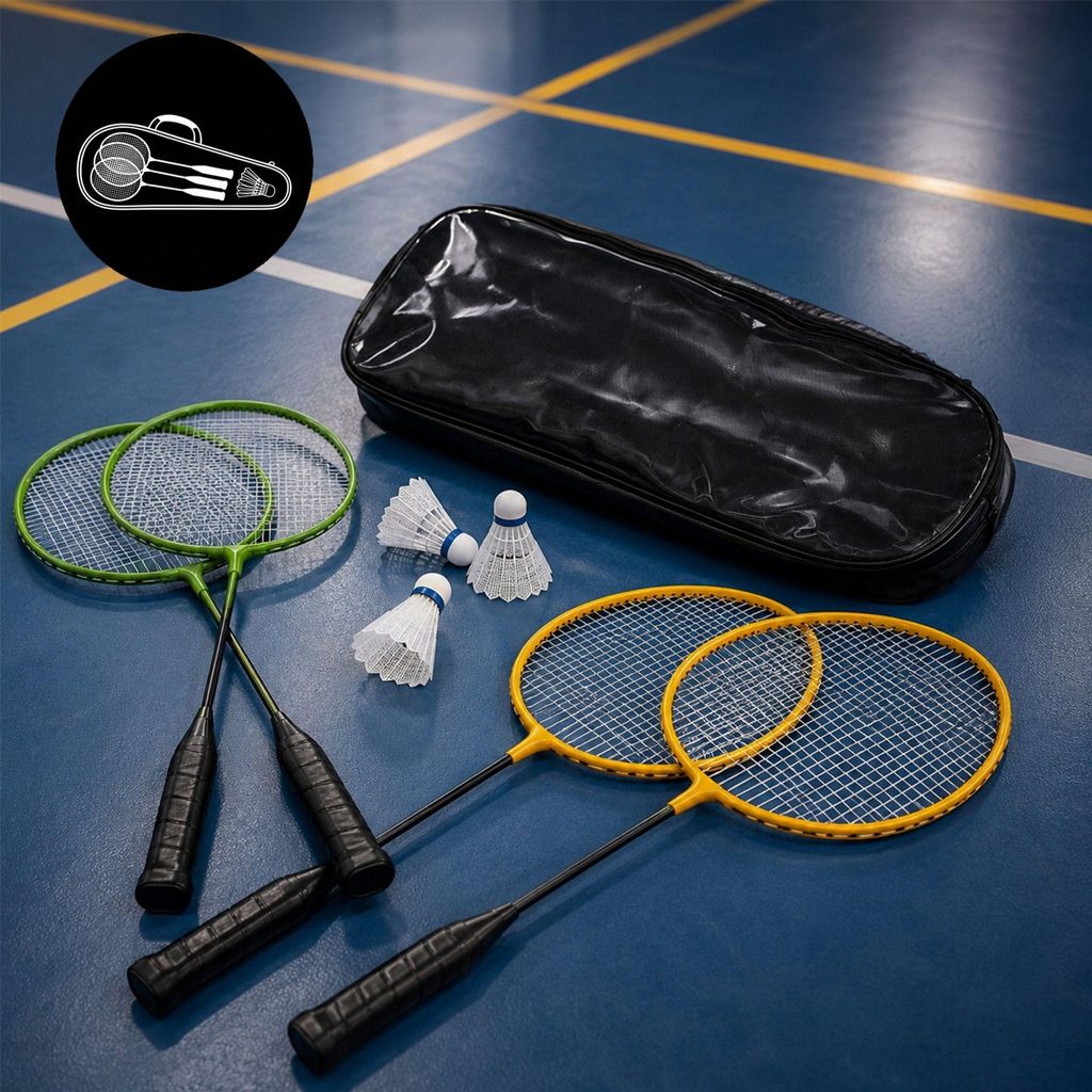 Badminton-Set: 4 Schläger, 3 Federbälle, Tasche – Produktbild 