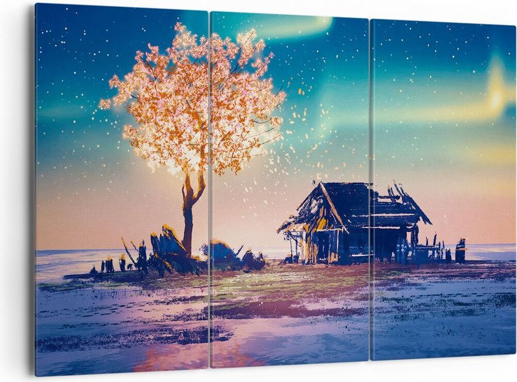 Bild auf Leinwand - Leinwandbild - Baum Haus Nacht Sterne - 165x110cm - Wand Bild - Wanddeko - Leinwanddruck - Bilder - Kunstdruck - Wanddekoration...