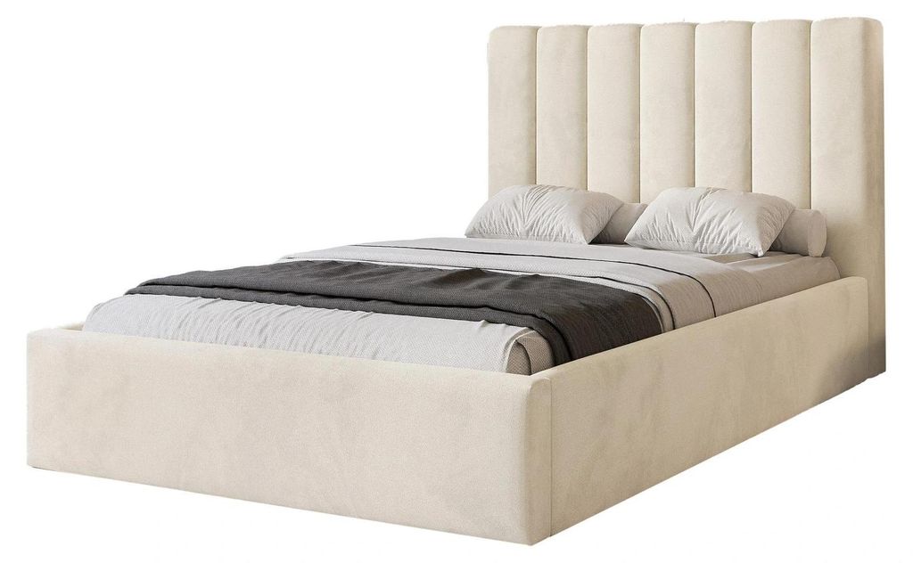 Polsterbett CIERO 160x200 Creme Samtstoff mit Bettkasten & Lattenrost
