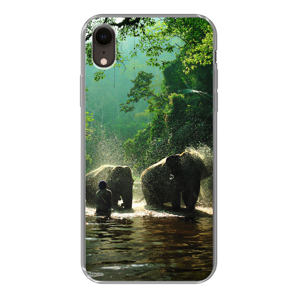 MuchoWow Handyhülle Schutzhülle Hülle für iPhone XR Elefant - Wasser - Bäume - Grün - Tiere Silikon Softcase Handy Hülle - Schutzdeckel