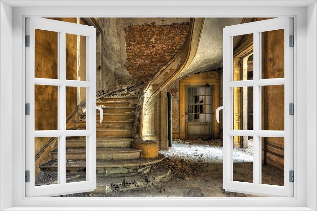 Wallario Poster mit Fenster-Illusion: Massive Steintreppe in herrenlosem Haus, Größe: 100 x 150 cm