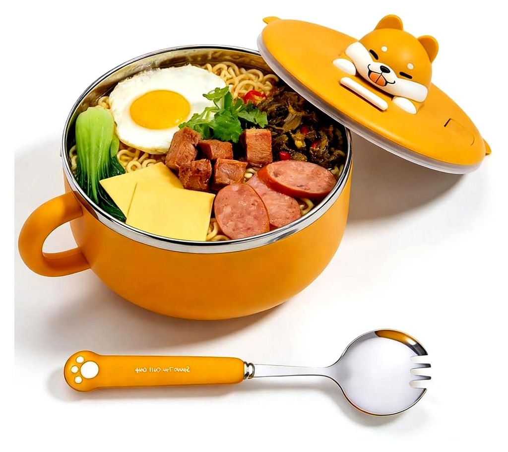 Instant-Ramen-Schüssel mit Deckel und Löffel, tragbare Mikrowellengeeignete Nudelschüssel mit Griffen für Suppe, Nudeln, Bento, Mittagessen